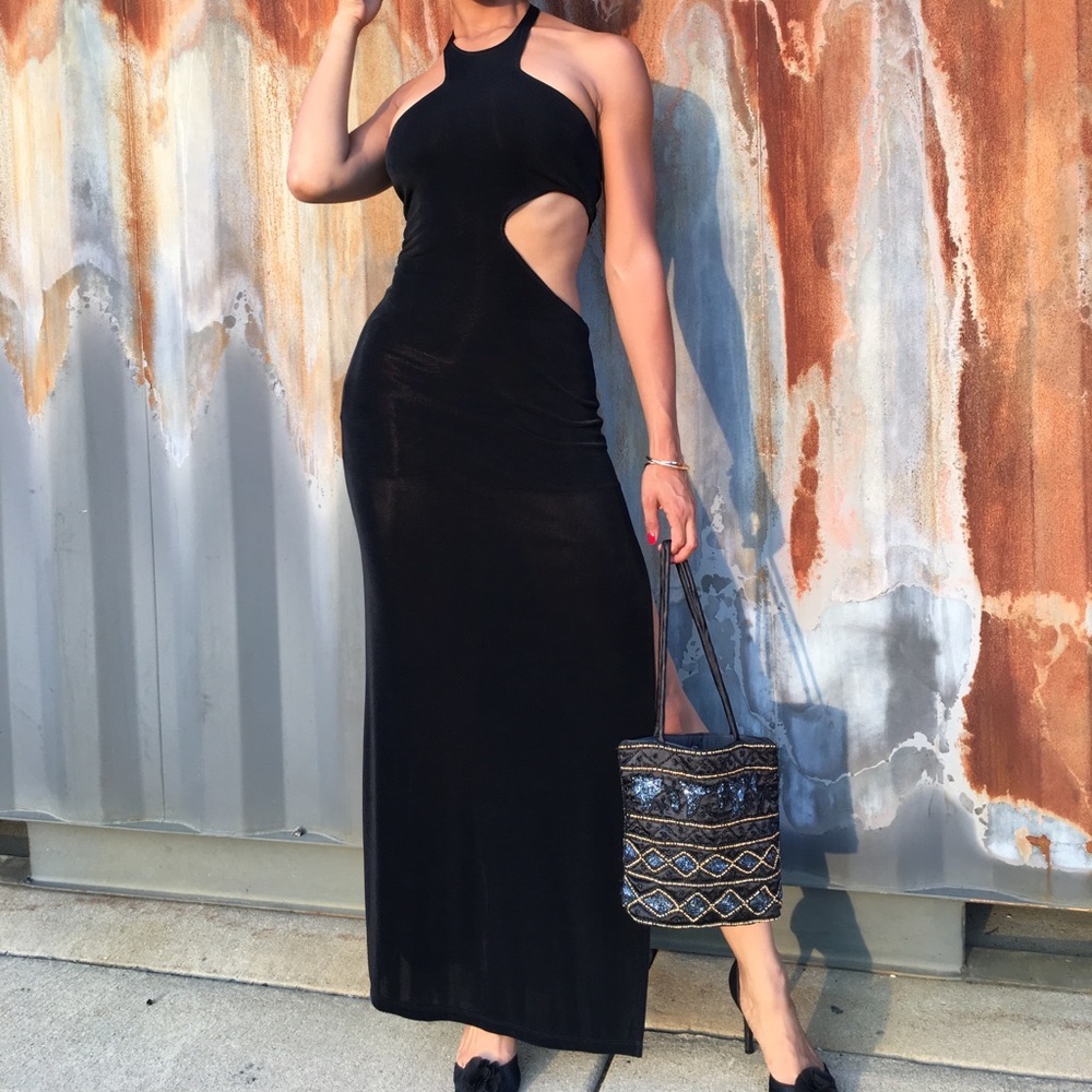 Nastygal floor length black cutout dress sz small
